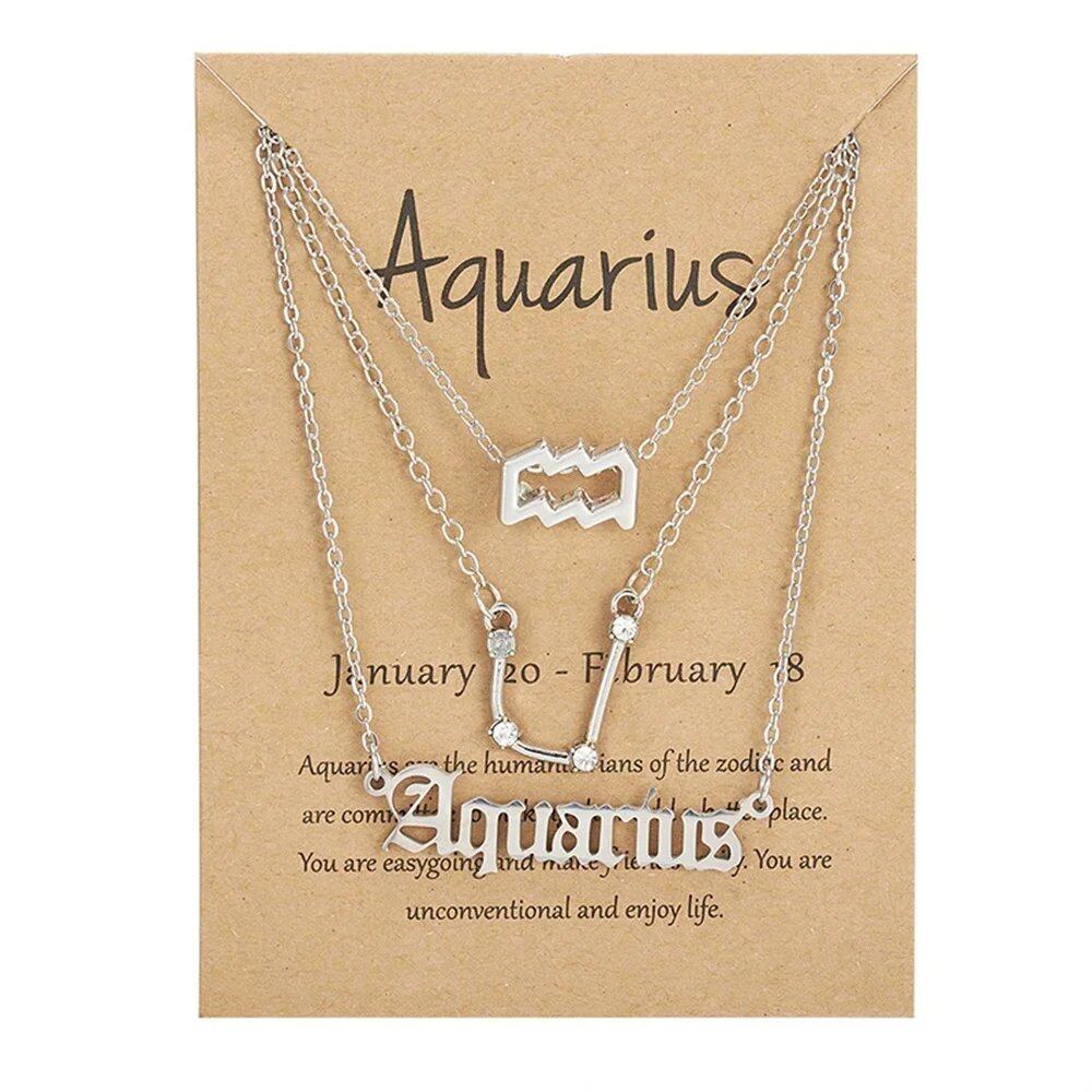Set of 3 Women's 12 Zodiac Sign Necklaces with Pendant Chains, Chokers, Birthday Jewelry, Cardboard Cards, 45cm Long; Metal Color: 6252, Parallel Import