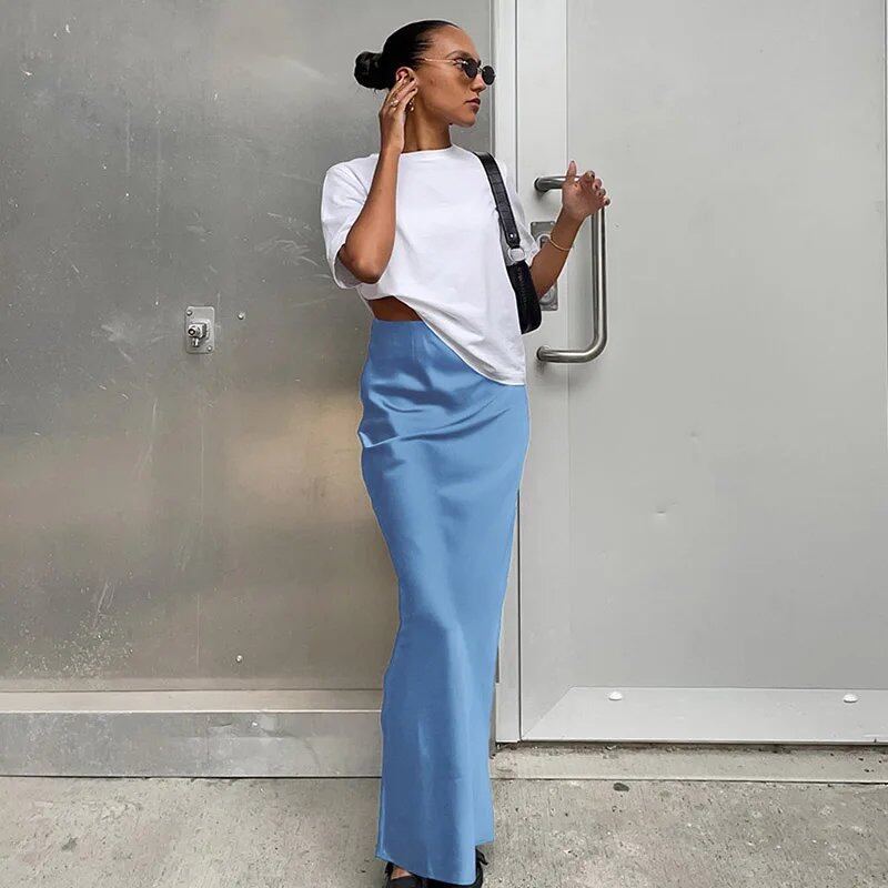Elegant black satin trumpet skirt for women. Slim, high-waisted, long skirt for spring and summer. Solid color. Size: Parallel import.