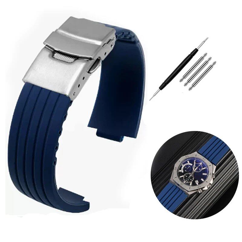 Silicone rubber watch band with striped design and convex ridges for Auris/Aquaris 7330/7740. Available in black and blue. Available in 22x12mm, 24x11mm, and 24x12mm. Ships from: Parallel import.