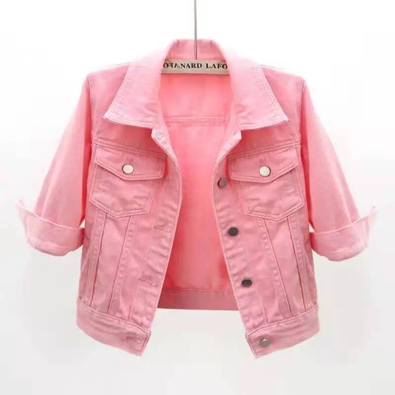 Women's Denim Jacket, Spring/Autumn Short Coat, Pink Jeans Jacket, Casual Top, Purple, Yellow, Blue, Loose Top, Women's Outerwear, Size: Parallel Import