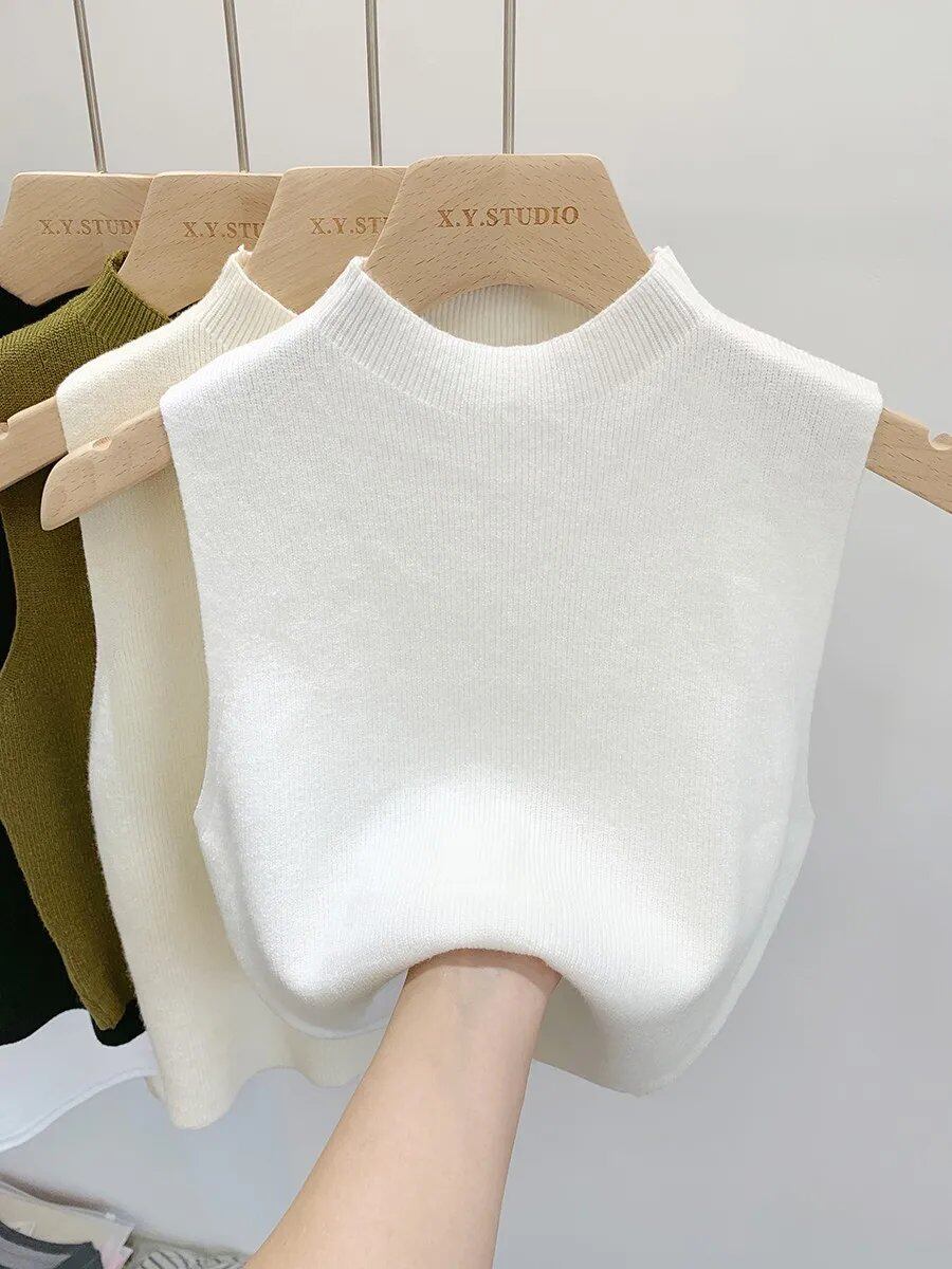 Women's Knit Tank Top, Summer/Autumn, Slim Fit, Short Sleeve/Sleeveless, Solid Color, Spring/Summer/Autumn, Pullover, Size 2025, One Size; Parallel Import
