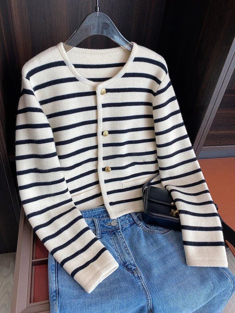 Women's Striped Knit Cardigan, Spring/Autumn, Single-Breasted, Long Sleeve, Crop Top, Stylish, Casual, Chic, One Size; Imported