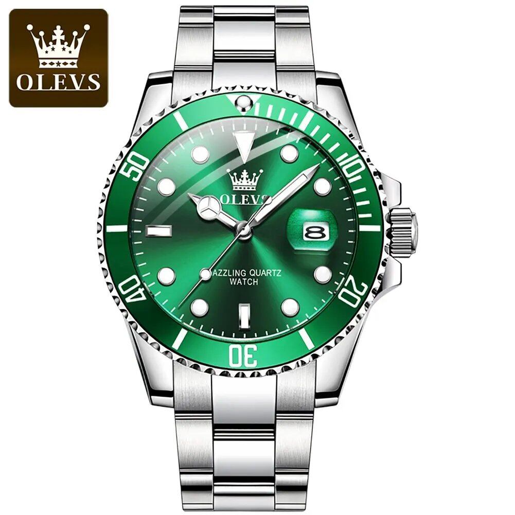 OLEVS Top Original Men's Quartz Watch, Green, Waterproof, Stainless Steel, Quartz Movement, Luxury Wristwatch with Luminous Function; Customization Unavailable, Parallel Import