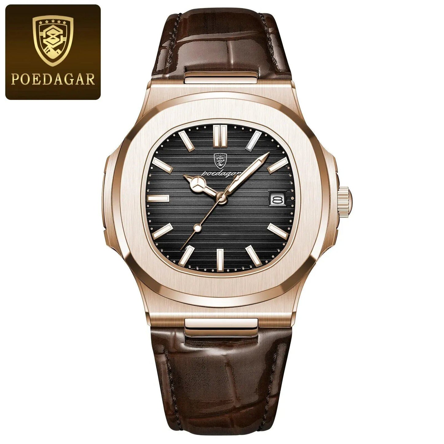 POEDAGAR Casual Square Men's Watch, Waterproof, Date Display, Luminous Leather Quartz Movement, High-Quality Luxury Fashion Watch, Color: Parallel Import