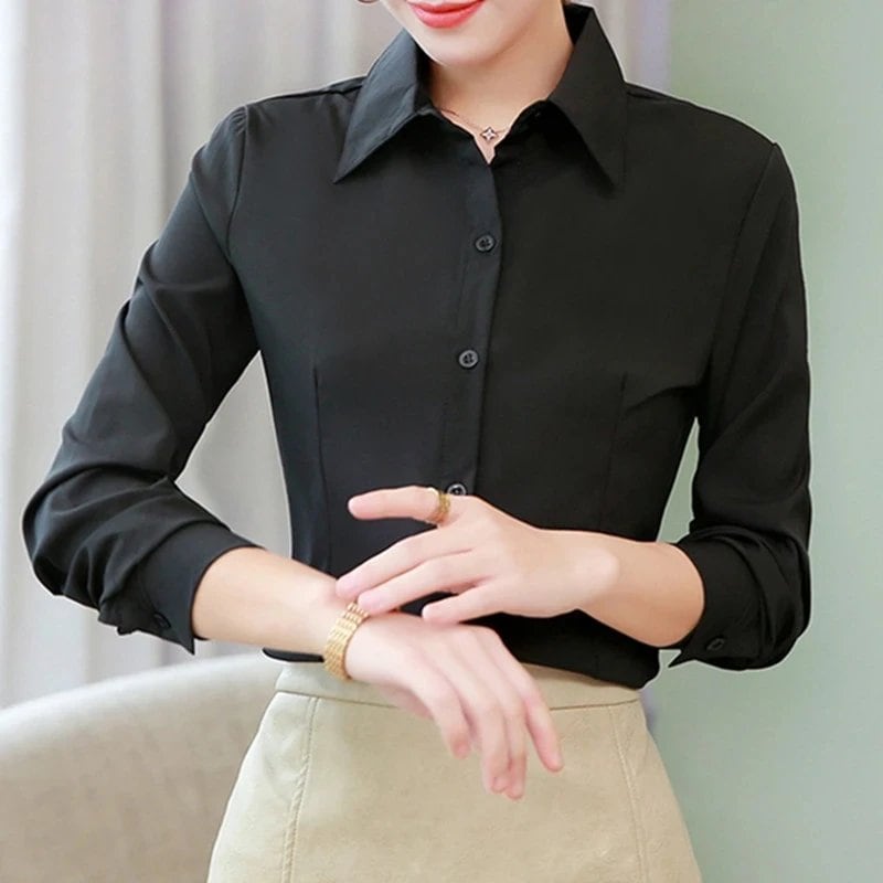 Elegant women's white shirt, long sleeve blouse, pink button-down shirt, solid color, work blouse top, size: Parallel import