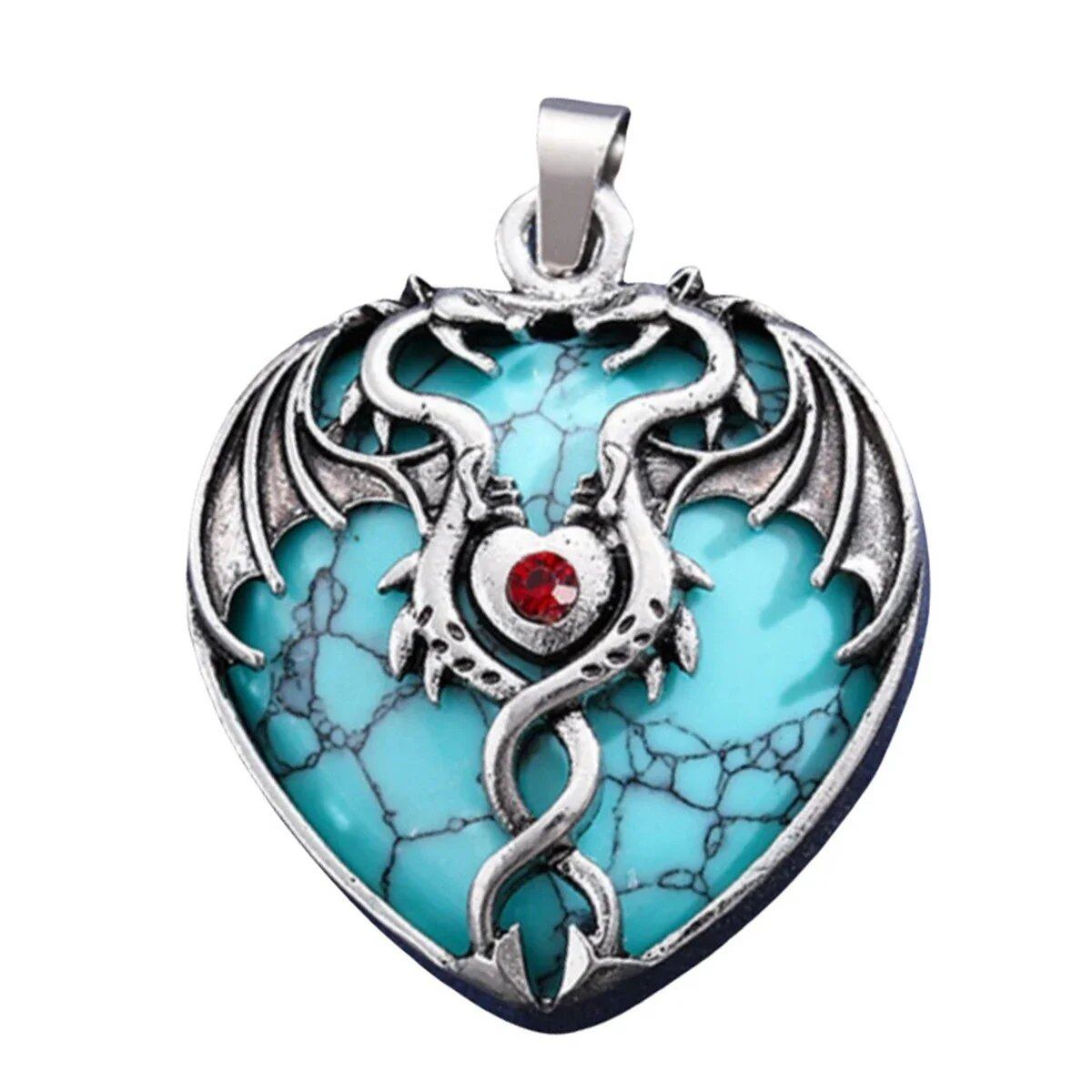 Natural Power Stone Heart-Shaped Antique Silver Alloy Double Dragon Pendant Top for DIY Jewelry Making, Healing, Chakra, and Spiritual Use, 32x42mm, Metal Color: Parallel Import