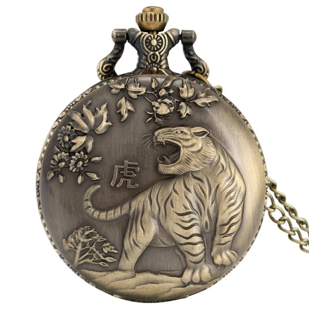 Vintage Bronze Zodiac (Rat, Ox, Tiger, Rabbit, Dragon, Snake, Horse, Sheep, Monkey, Bird, Dog, Boar) Quartz Necklace Pocket Watch, Color: Zodiac, Parallel Import
