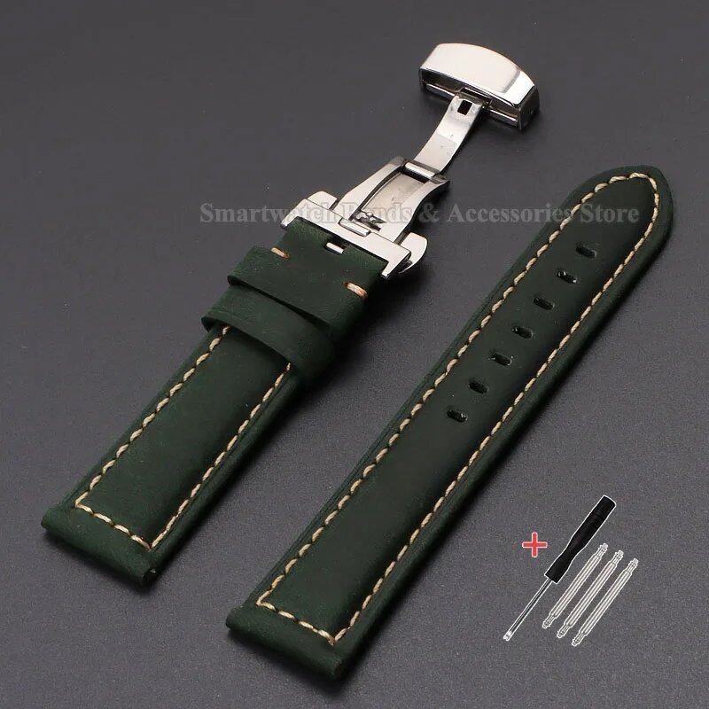 Vintage-style calf leather strap for Panerai and Seiko watches in sizes 20mm, 22mm, 24mm, and 26mm. Features a metal butterfly clasp. Band color: mm. Parallel import.