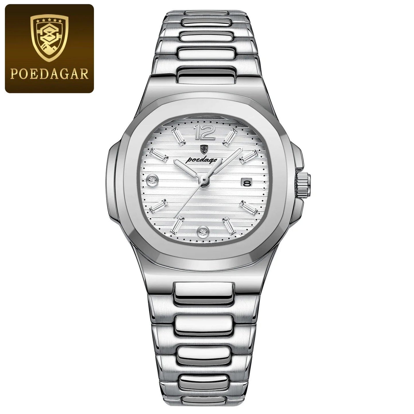 POEDAGAR Women's Luxury Square Watch, Waterproof, Illuminated, Date Function, Elegant Quartz Movement, Simple Design, Color: 708, Parallel Import