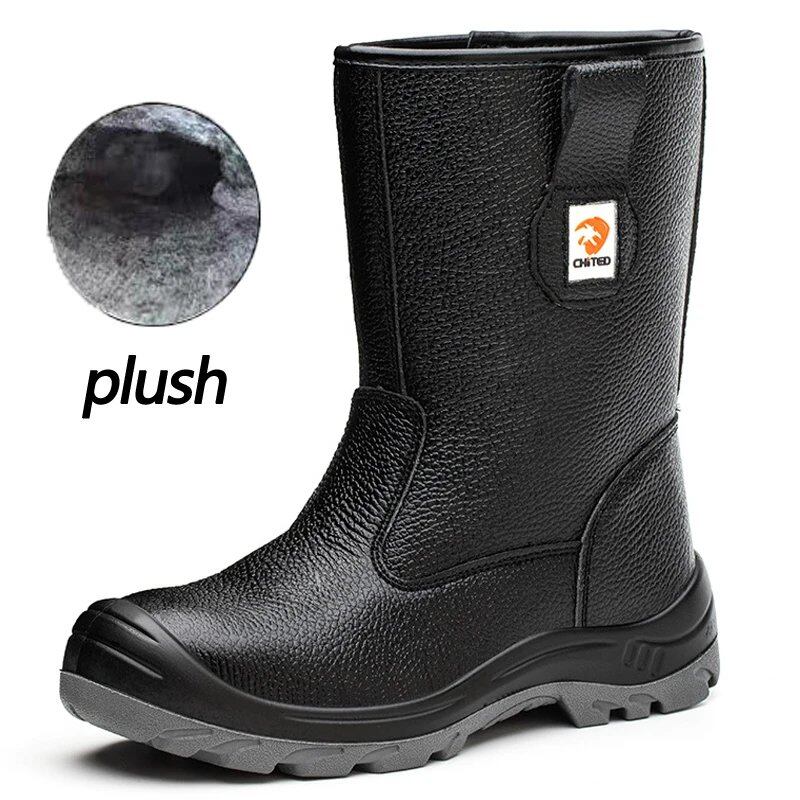 Men's Waterproof Mid-Length Safety Boots, Leather Work Boots, Impact and Puncture Resistant, Industrial Protective Boots, Cowhide Leather, Color: Black, Parallel Import