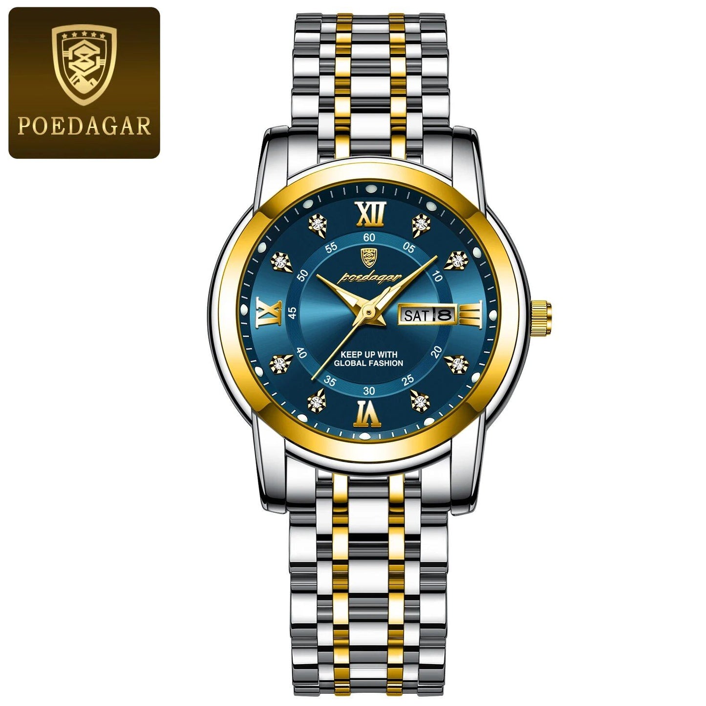 POEDAGAR Luxury Women's Watch, Waterproof, Luminous, Date and Day Display, Stainless Steel, Elegant Dress Quartz Movement, Color: 769 S, Parallel Import