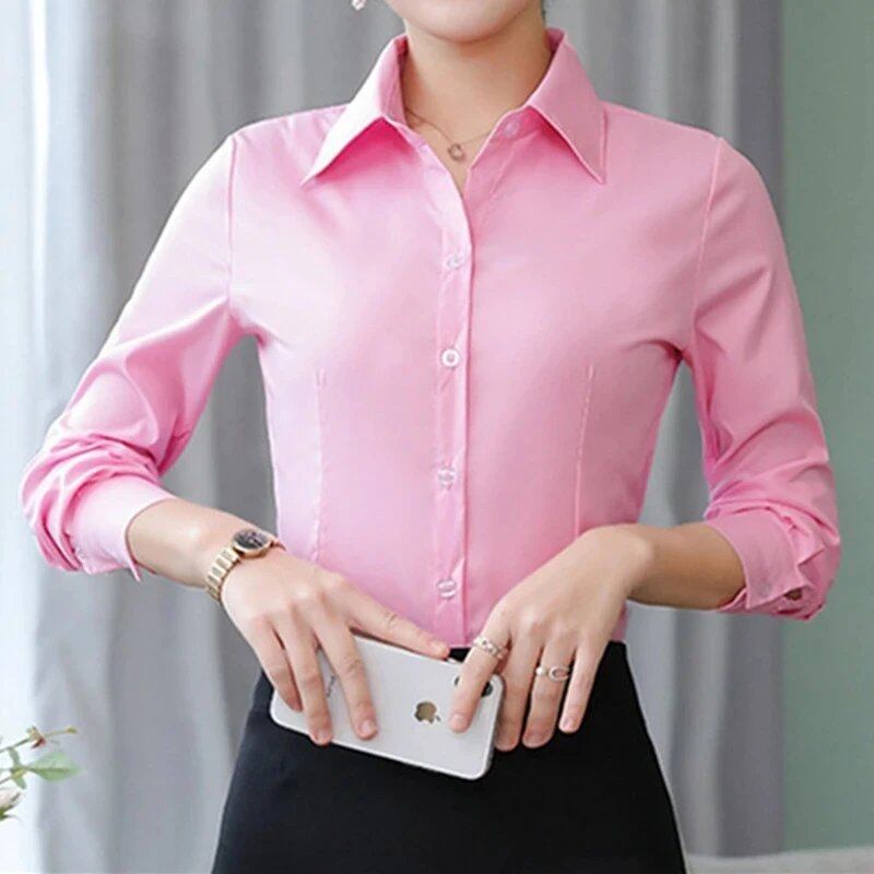 Elegant women's white shirt, long sleeve blouse, pink button-down shirt, solid color, work blouse top, size: Parallel import