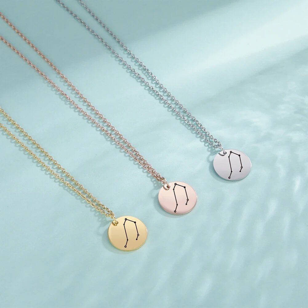 Skyrim Zodiac Necklace for Women, Skyline Design, Stainless Steel, Leo, Gemini, Taurus, Aries, Libra, Virgo Pendant, 45-50cm Long; Main Stone Color: Parallel Import
