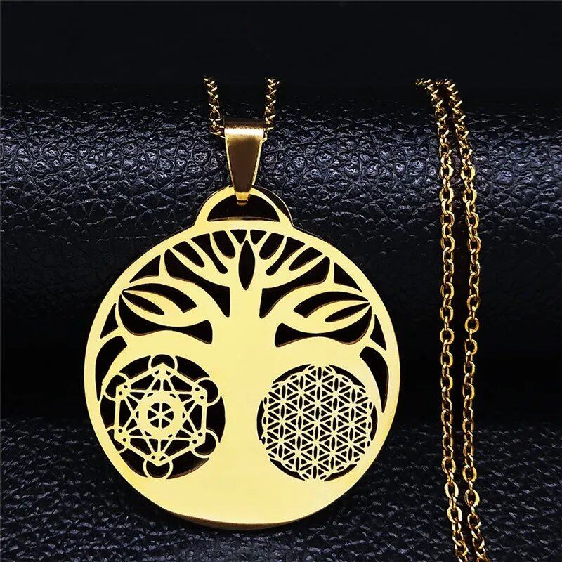 Yoga Flower of Life Buddhist Amulet Necklace, Stainless Steel, Spiritual Medal, Tree of Life Jewelry, Fleur de Vie, N3091, Metal Color: 50cm, Parallel Import
