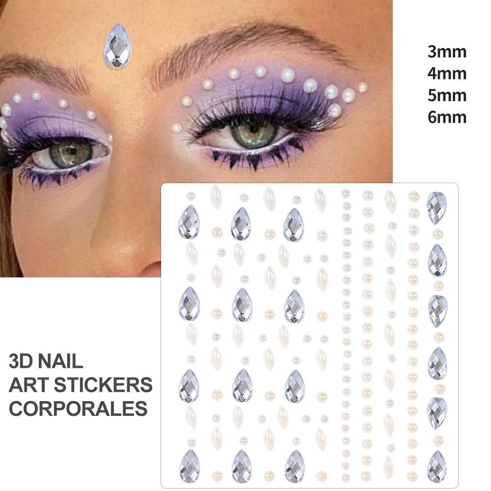 1/5/8-Piece 3D Face and Eye Tattoo Stickers for Party Makeup, Diamond Rhinestone Stickers, Self-Adhesive Mixed Crystal Face Decoration Stickers, Parallel Import