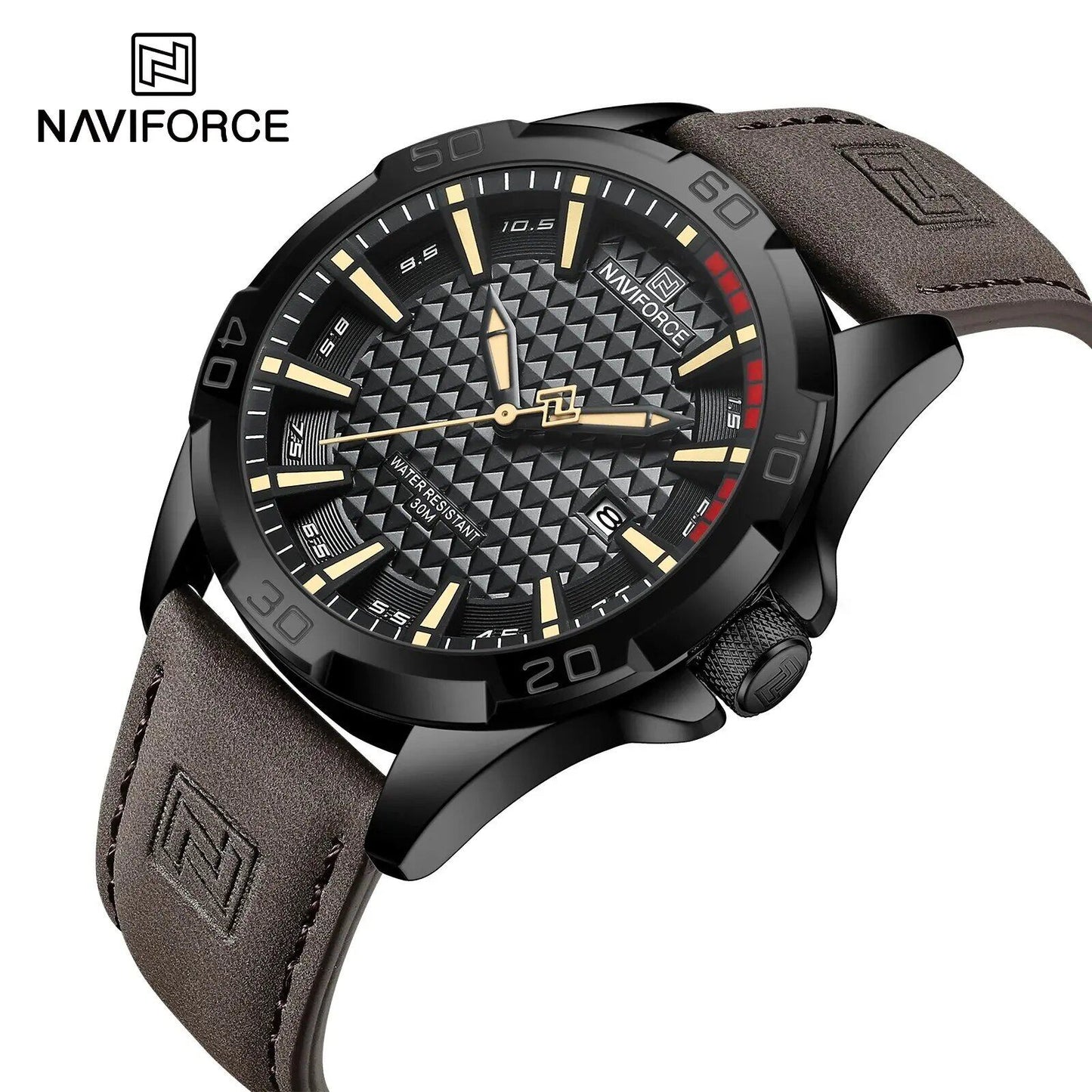 NAVIFORCE Men's Casual, Sports, Military Quartz Watch with Calendar, Leather Strap, Waterproof, Business Style, Color: 8023, Parallel Import
