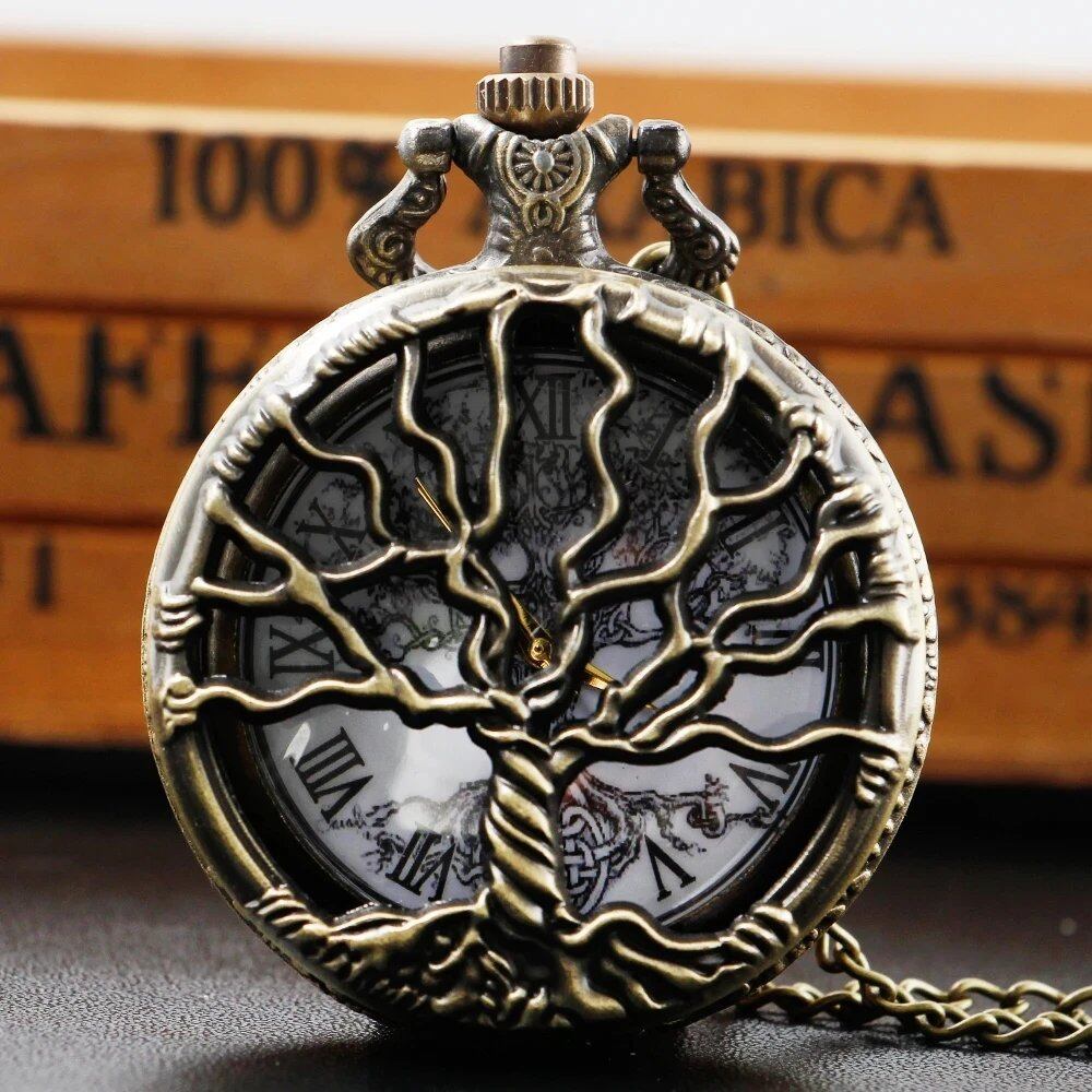 Tree of Life Hollow Carved Ink Sketch-Style Dial Vintage Quartz Pocket Watch Necklace Pendant, Unisex Gift, Color: CF1482, Parallel Import