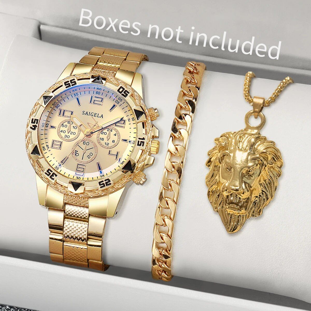 Men's 3-Piece Luxury Watch Set, Trendy for Party and Hip Hop Style, Includes Quartz Analog Watch and Jewelry Set (No Box), Gold, Parallel Import