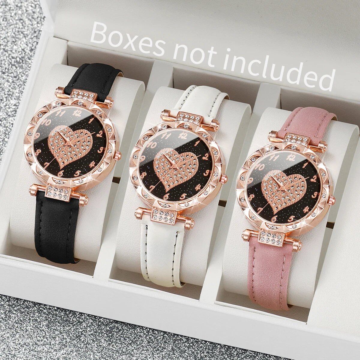 Set of 3 Women's Fashion Rhinestone Heart Dial Quartz Watches with Leather Bands (No Box) Color: 3-Piece Set (No Box) Parallel Import