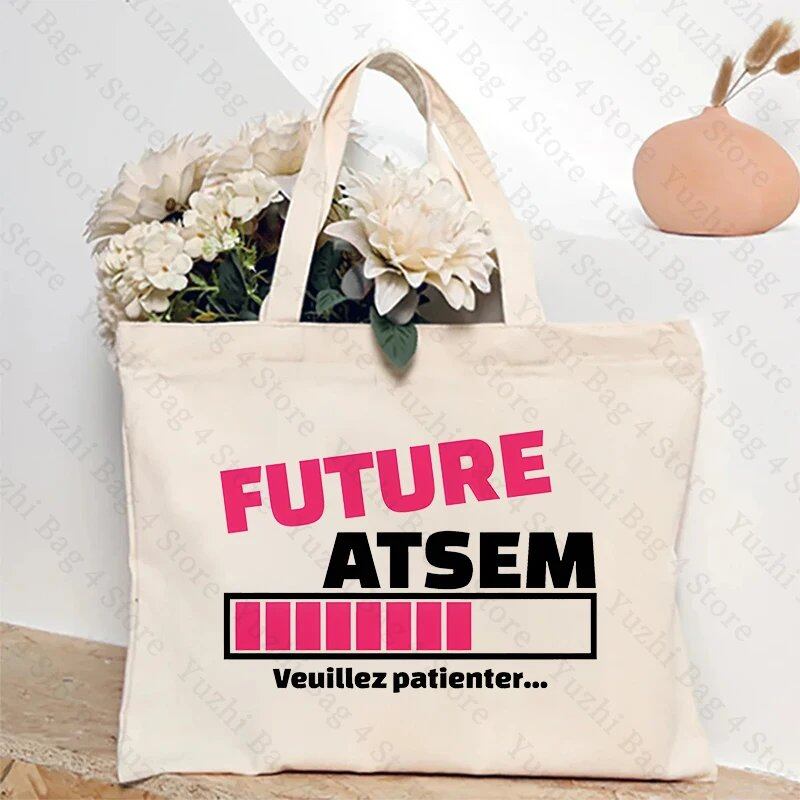 ATSEM フランス語 プレゼント トートバッグ - 教育アシスタント・保育プロフェッショナル向け コンパクトショッピングバッグ 女性用ショルダーバッグ カラー 並行輸入品