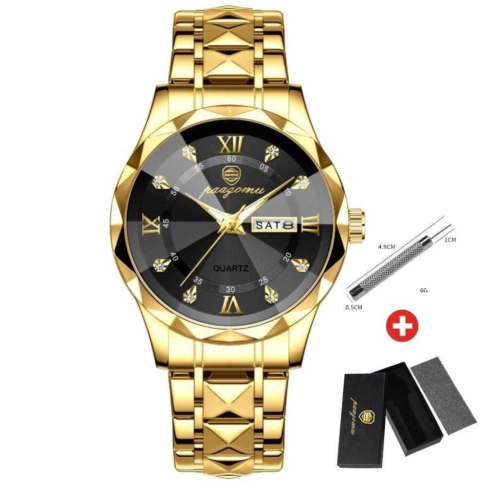 PAAZOMU Luxury Men's Watch, Business Watch, Waterproof, Luminous, Date and Day Display, Quartz Movement, High Quality + Box Included, Color: Gold, Parallel Import