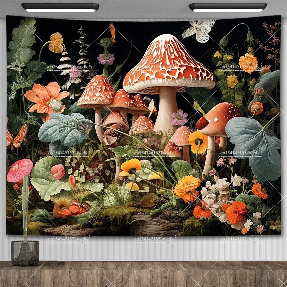 Mushroom Tapestry, Botanical Bohemian Floral, Spiritual Room Decor, Stylish Party Backdrop, Yoga Blanket for Bedroom, Size: Parallel Import