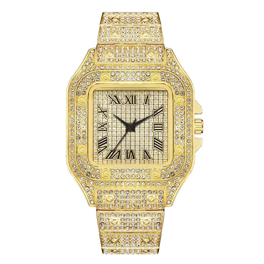 Luxury Classic Business Men's Watch with Steel Band, Square Shape, Roman Numerals, Rhinestones, Quartz Movement; Ships from: Parallel Import