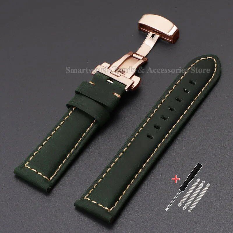 Vintage-style calf leather strap for Panerai and Seiko watches in sizes 20mm, 22mm, 24mm, and 26mm. Features a metal butterfly clasp. Band color: mm. Parallel import.