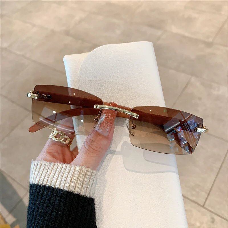 Men's and Women's Frameless Imitation Wood Grain Mirrored Leg Sunglasses, Fashionable, Parallel Import