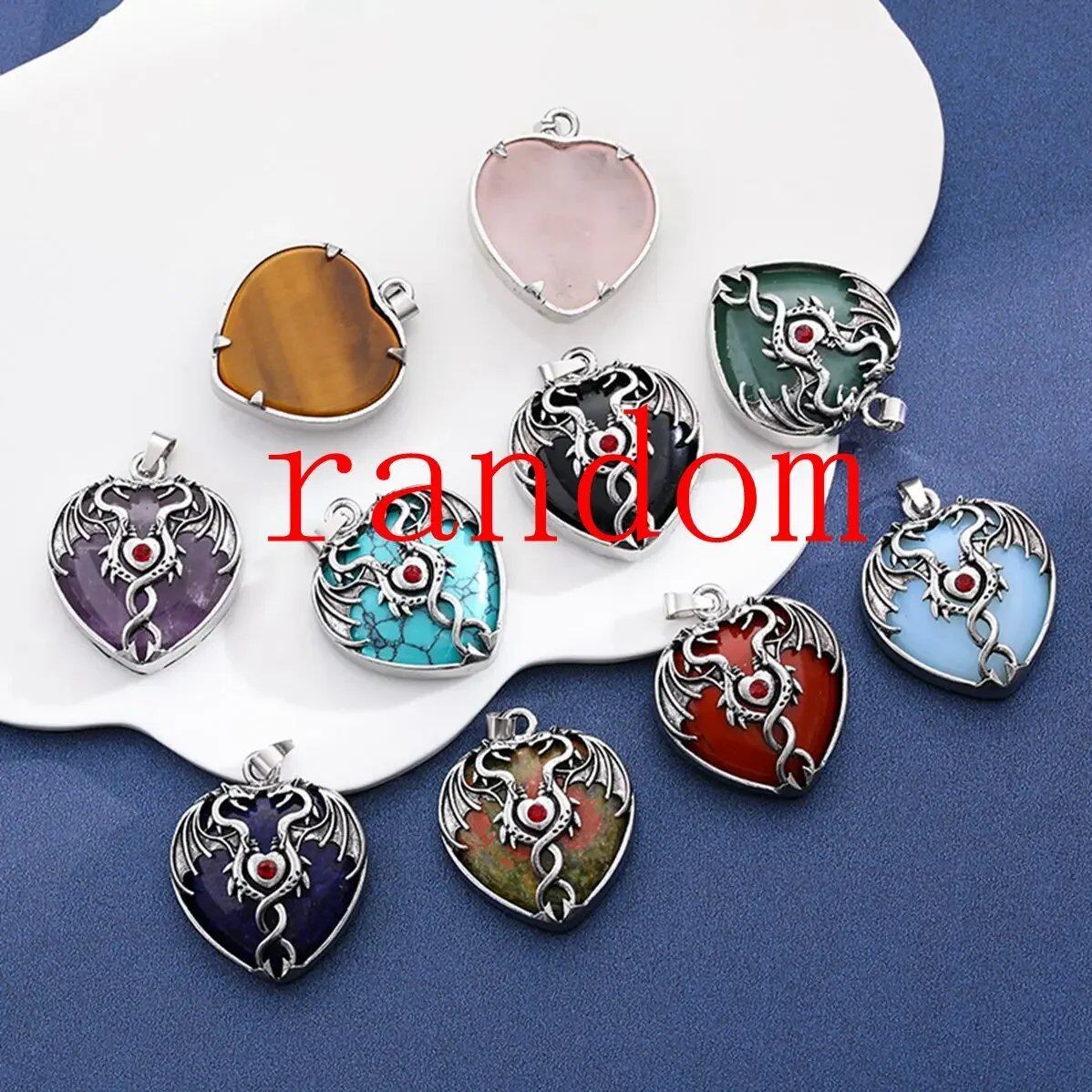 Natural Power Stone Heart-Shaped Antique Silver Alloy Double Dragon Pendant Top for DIY Jewelry Making, Healing, Chakra, and Spiritual Use, 32x42mm, Metal Color: Parallel Import