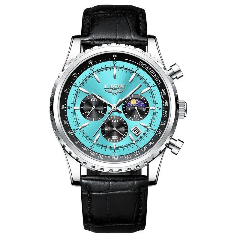 LIGE New Men's Watch, Luxury Leather Quartz Movement, Waterproof Sport Watch, Gift Box Included, Parallel Import