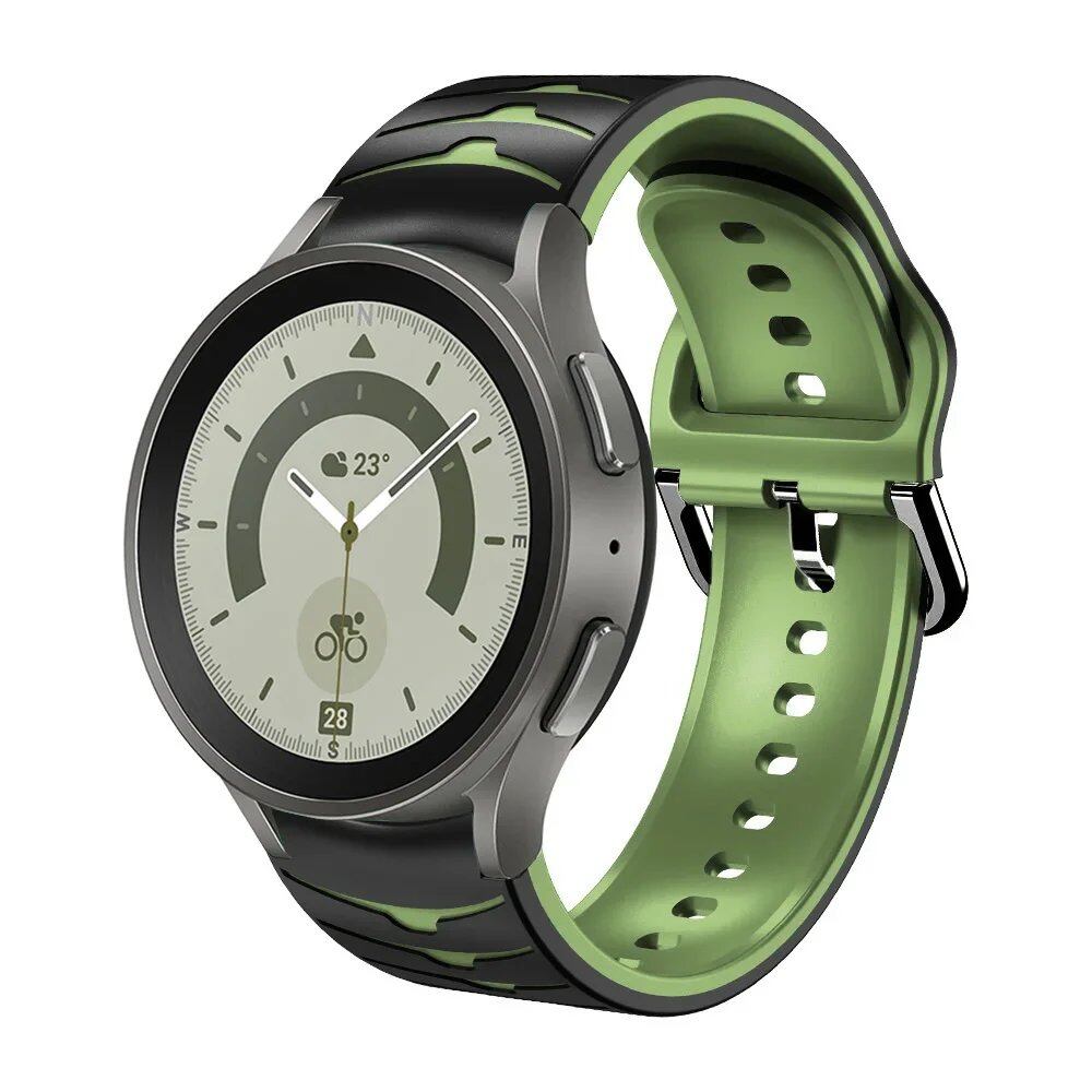 Compatible with Samsung Galaxy Watch 5 Pro (45mm), 6/5/4 (40mm), and 44mm. Two-tone silicone strap with no-grip. Compatible with Galaxy Watch 6/4 Classic (47mm), 43mm. Band Color: Compatible with Galaxy Watch 4, 5, 6, and 7. Parallel import.
