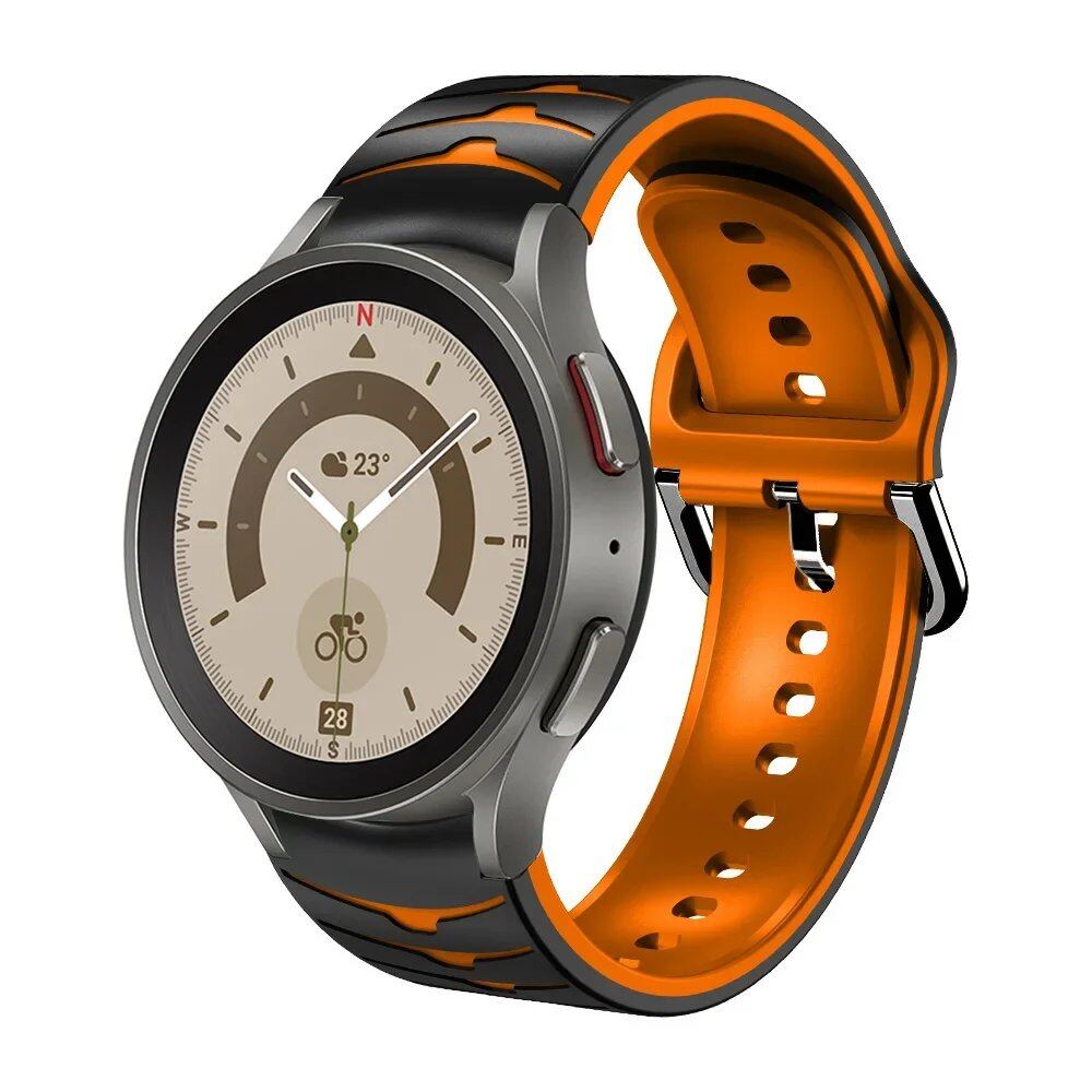 Compatible with Samsung Galaxy Watch 5 Pro (45mm), 6/5/4 (40mm), and 44mm. Two-tone silicone strap with no-grip. Compatible with Galaxy Watch 6/4 Classic (47mm), 43mm. Band Color: Compatible with Galaxy Watch 4, 5, 6, and 7. Parallel import.