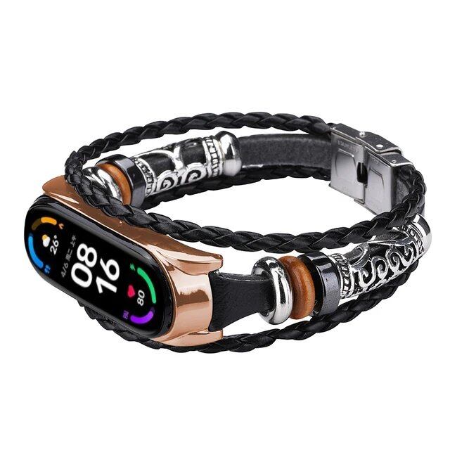 Leather Watch Band for Xiaomi Mi Band 6, 5, 4, 3, Ethnic Retro Style Smart Band, Fashion Accessory, Band Color: Parallel Import