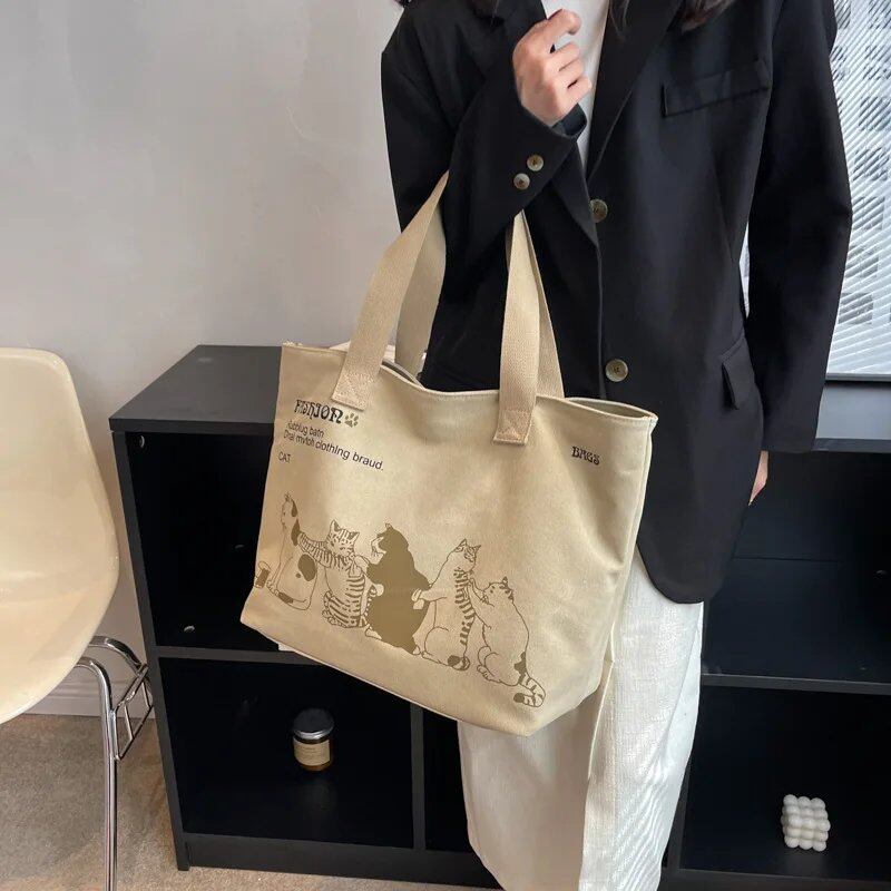 女性用キャンバストートバッグ 猫プリント アニマルショッパー ショルダーバッグ カジュアル デザイナー 大容量 旅行 買い物 ハンドバッグ スクールバッグ ドロップシップ対応 並行輸入品