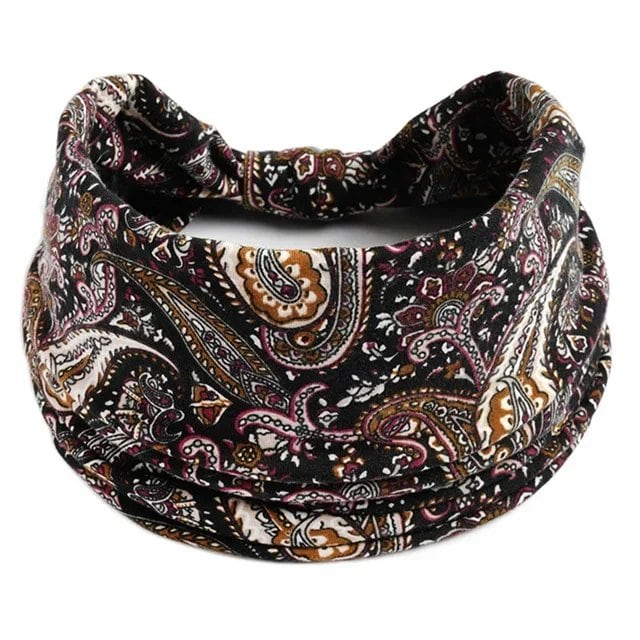 New Boho Floral Print Wide Headband with Vintage Knot Elastic Turban Headwrap for Women and Girls, Cotton Soft Bandana Hair Accessory, Parallel Import