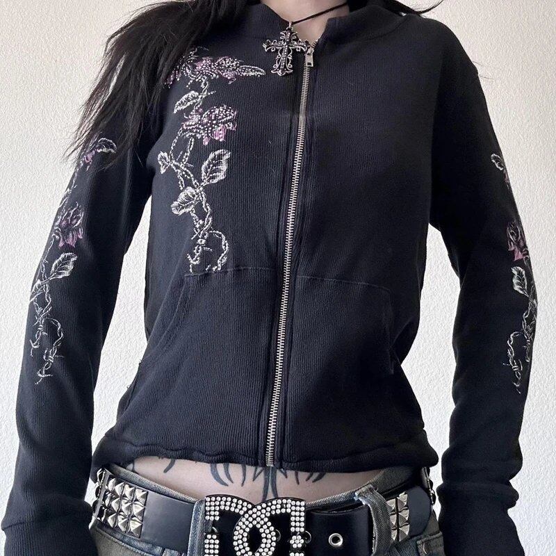 00s Ethnic Vintage Jacket, Y2K Grunge Zip-Up Sweatshirt with Floral and Feather Print, Slim Fit Hoodie, E-Girl Gothic Cool Streetwear, Size: ; Color: Black, Parallel Import