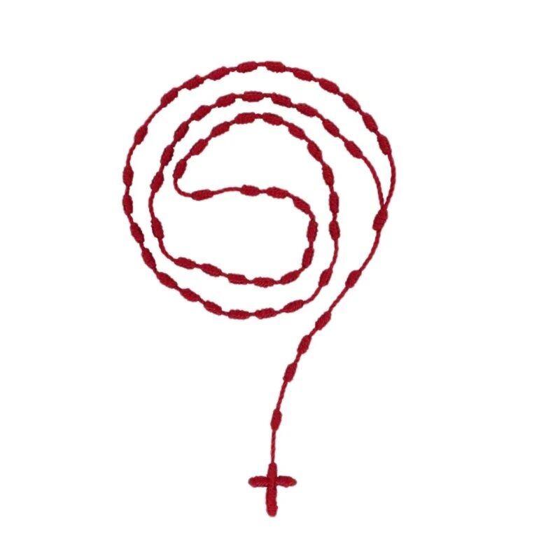 Handmade Knotted Rosary Necklace with Cross Charm, Red Rope Rosary Necklace, Black Thread Rosary, Catholic Spiritual Prayer Gift, Metal Color: Parallel Import