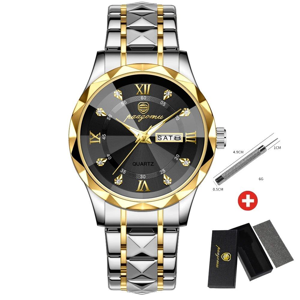 PAAZOMU Luxury Men's Watch, Business Watch, Waterproof, Luminous, Date and Day Display, Quartz Movement, High Quality + Box Included, Color: Gold, Parallel Import