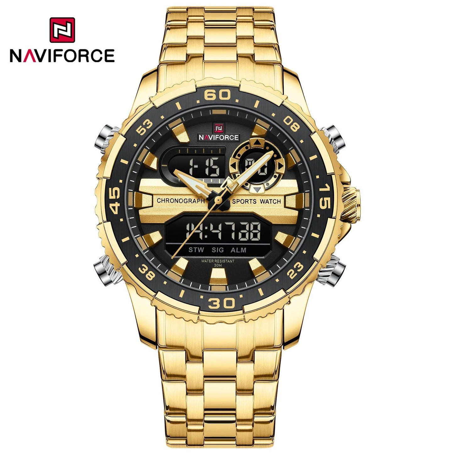 NAVIFORCE Men's Fashion Watch, Black Gold, Quartz, Sports Watch, Waterproof, Stainless Steel Strap, Model NF9234, Parallel Import