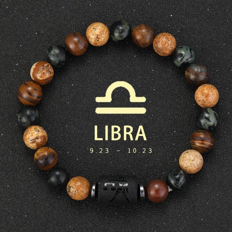 12 Zodiac Signs Bracelet with Natural Stones, Capricorn, Virgo, Leo, and Libra, for Men and Women, Couples, Friends, and Couples; Jewelry Gift; Length: 18-19cm, Parallel Import