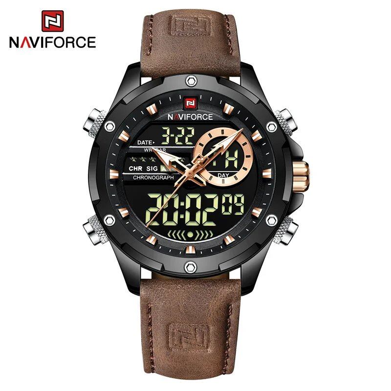 NAVIFORCE Men's Luxury Original Watch, Casual Sports Watch with Chronograph, Alarm, Quartz Movement, Leather Strap, Waterproof, Digital Watch, 9163, Color: Parallel Import