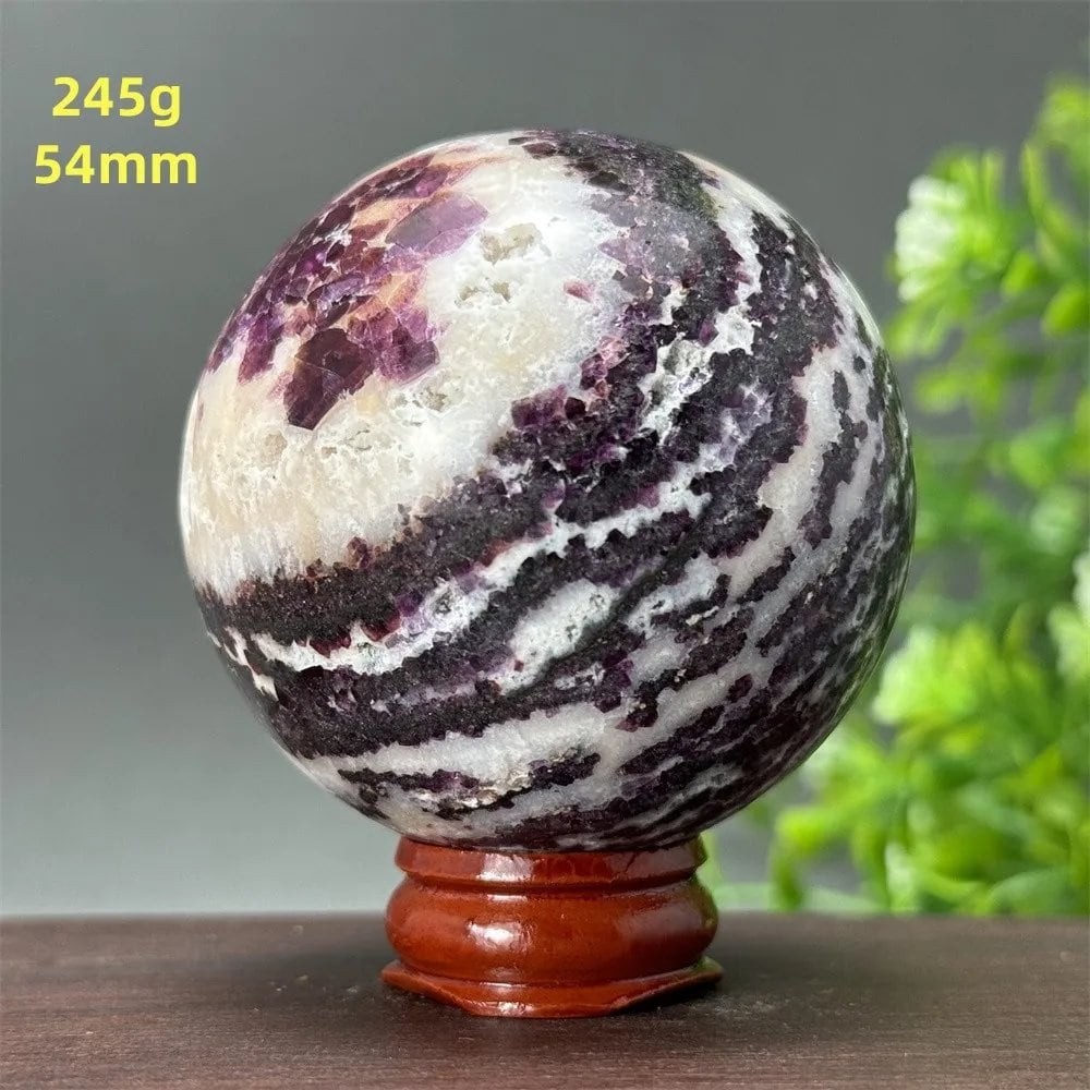 Natural Purple Zebra Fluorite Ball for Reiki Healing, Spiritual Meditation, Chakra Therapy, Magic, Ritual, Divination, Home Decoration, with Stand, Color: A, Parallel Import