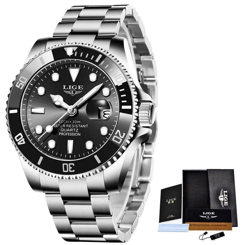 LIGE Top Brand Luxury Men's Dive Watch, 30 ATM Water Resistant, Date Display, Quartz Movement, Relogio Masculino, Color: Parallel Import
