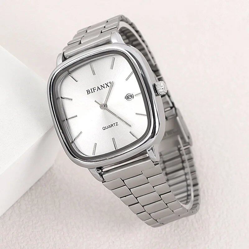 Business Men's Waterproof Quartz Watch with Luxury Blue Silver Steel Strap, Women's Fashion Calendar Watch, Wholesale, Parallel Import