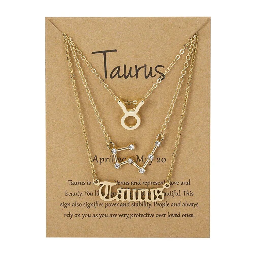 Set of 3 Women's 12 Zodiac Sign Necklaces with Pendant Chains, Chokers, Birthday Jewelry, Cardboard Cards, 45cm Long; Metal Color: 6252, Parallel Import