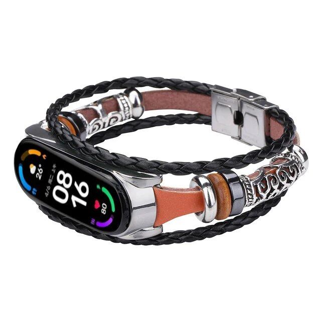 Leather Watch Band for Xiaomi Mi Band 6, 5, 4, 3, Ethnic Retro Style Smart Band, Fashion Accessory, Band Color: Parallel Import