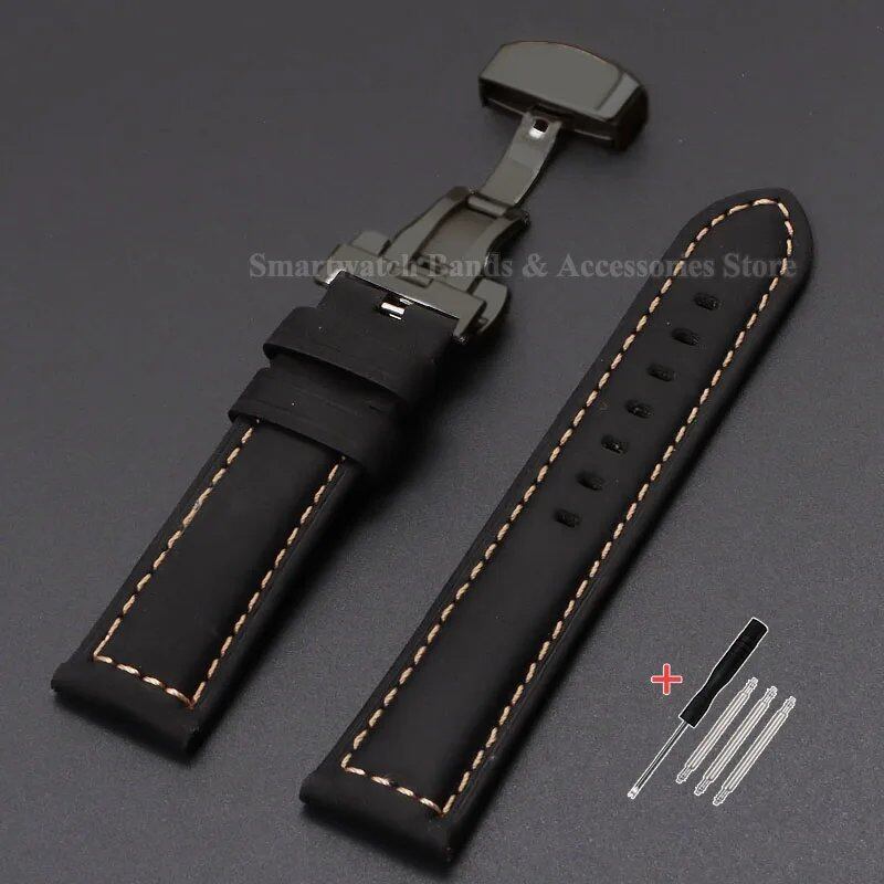 Vintage-style calf leather strap for Panerai and Seiko watches in sizes 20mm, 22mm, 24mm, and 26mm. Features a metal butterfly clasp. Band color: mm. Parallel import.