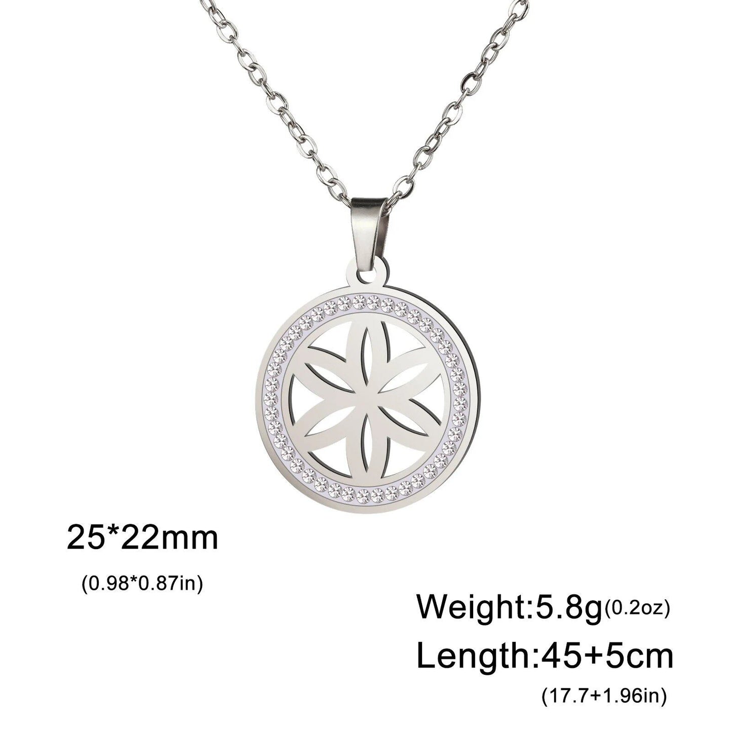 Skyrim Flower Seed of Life Necklace for Women, Stainless Steel with Clear Zircon Round Pendant, Sacred Geometry Spiritual Amulet Jewelry, Length: 45-50cm; Metal Color, Parallel Import