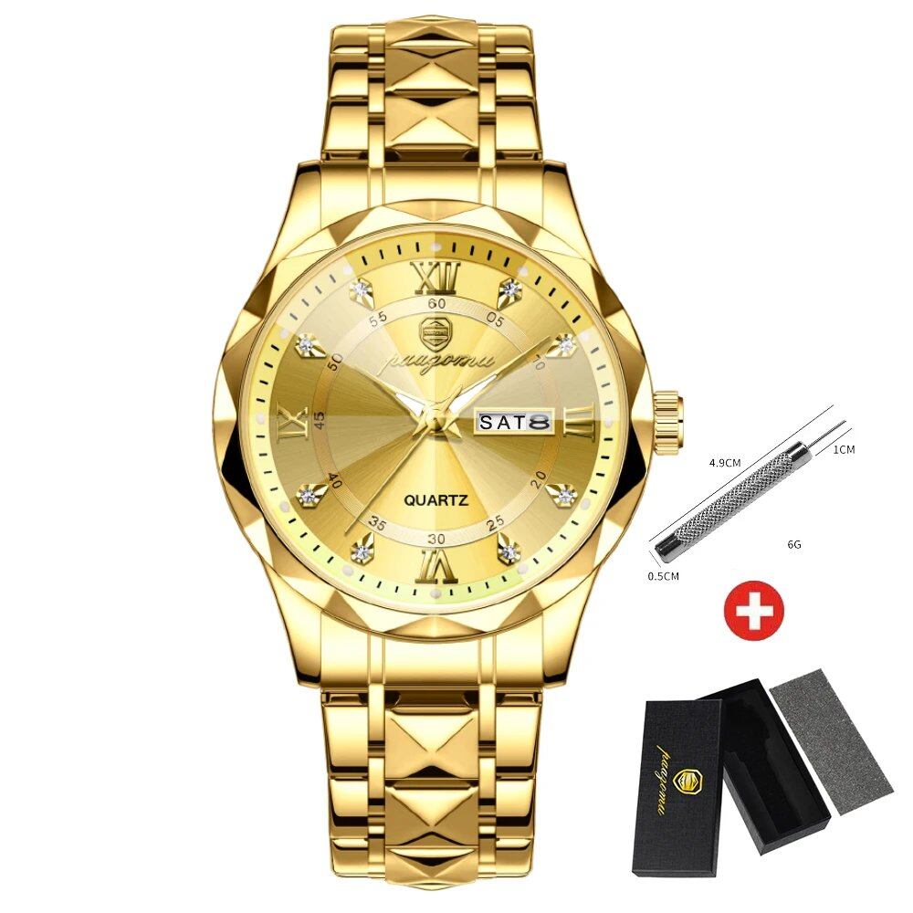 PAAZOMU Luxury Men's Watch, Business Watch, Waterproof, Luminous, Date and Day Display, Quartz Movement, High Quality + Box Included, Color: Gold, Parallel Import